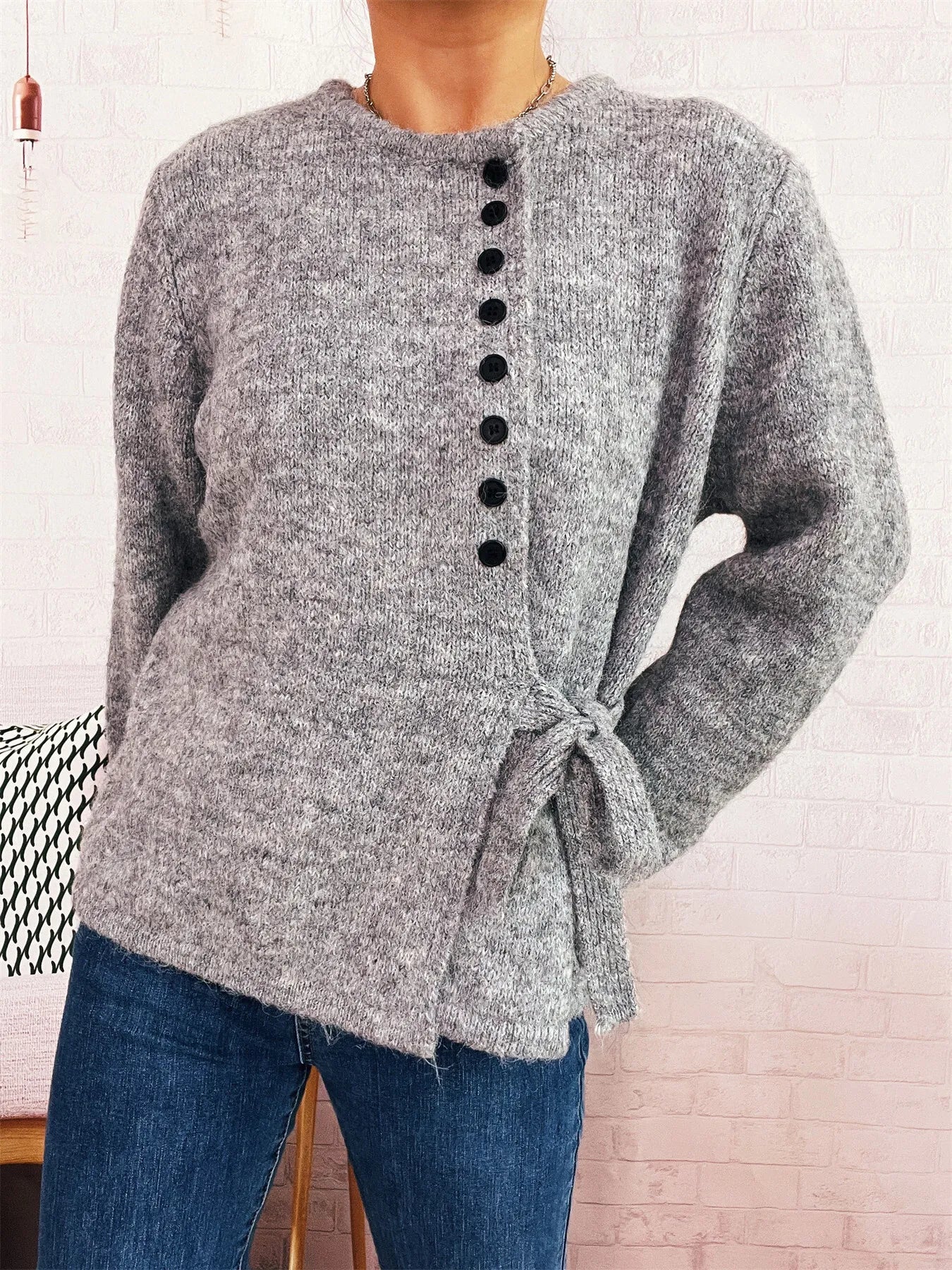 Button-Front Side-Tie Sweater