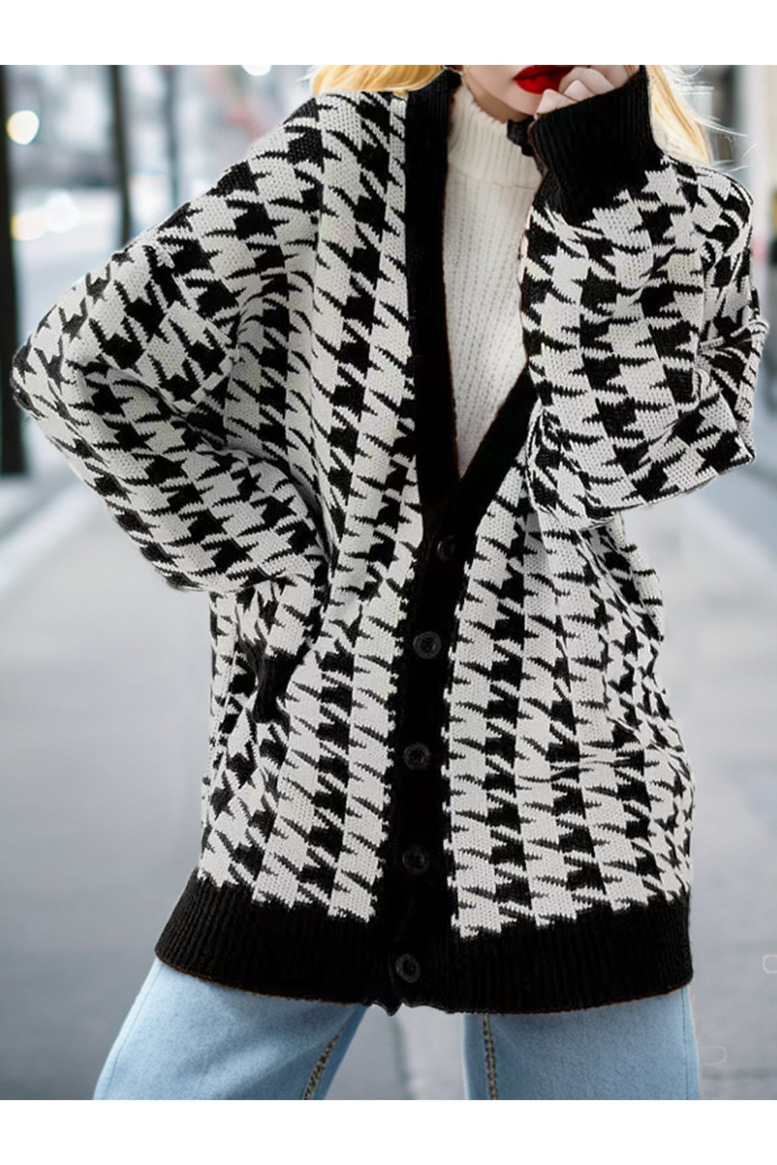 Houndstooth Button Up Long Sleeve Cardigan nicholesgifts