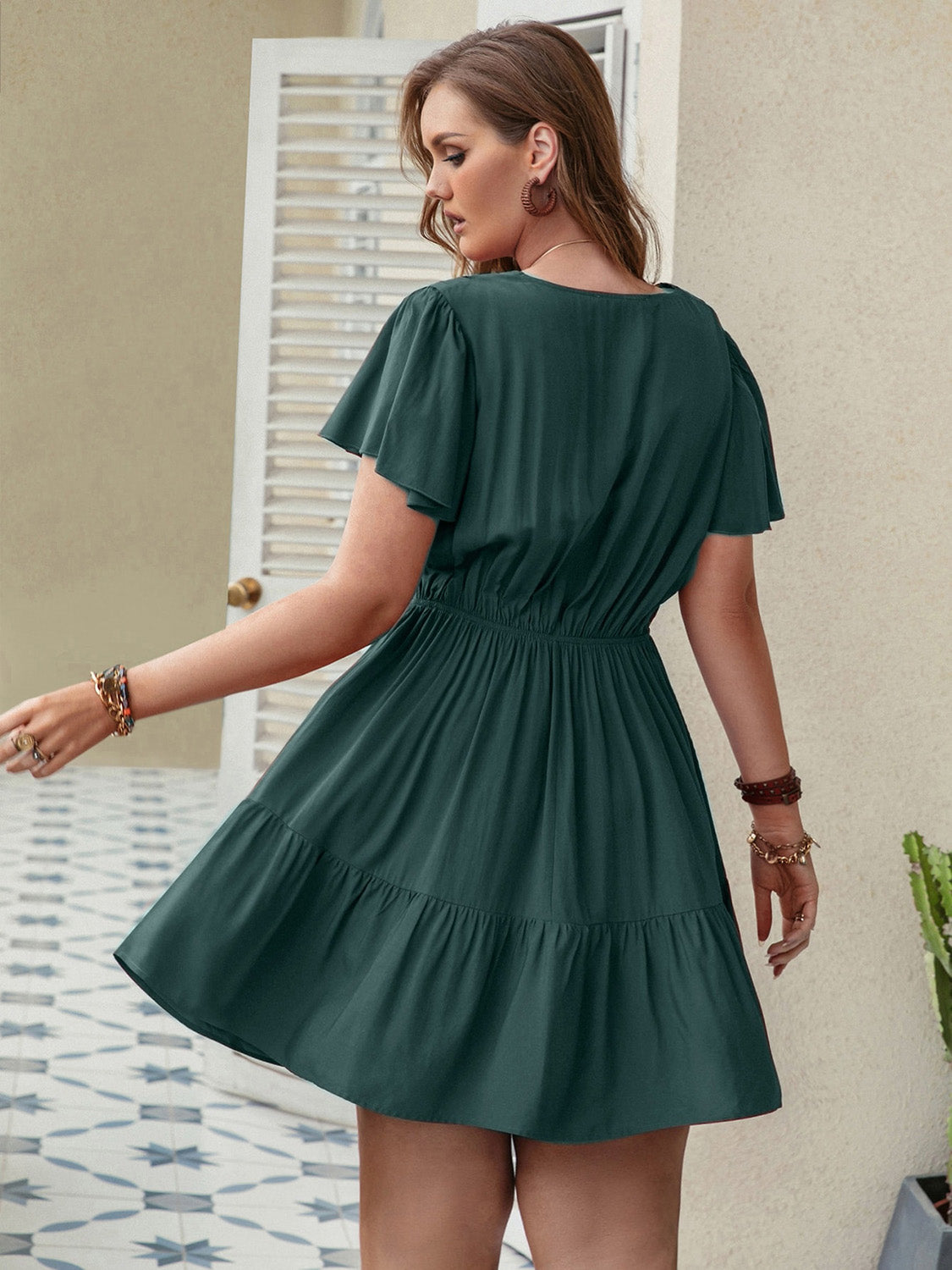 Double Take Plus Size Ruffle Hem V-Neck Short Sleeve Dress nicholesgifts