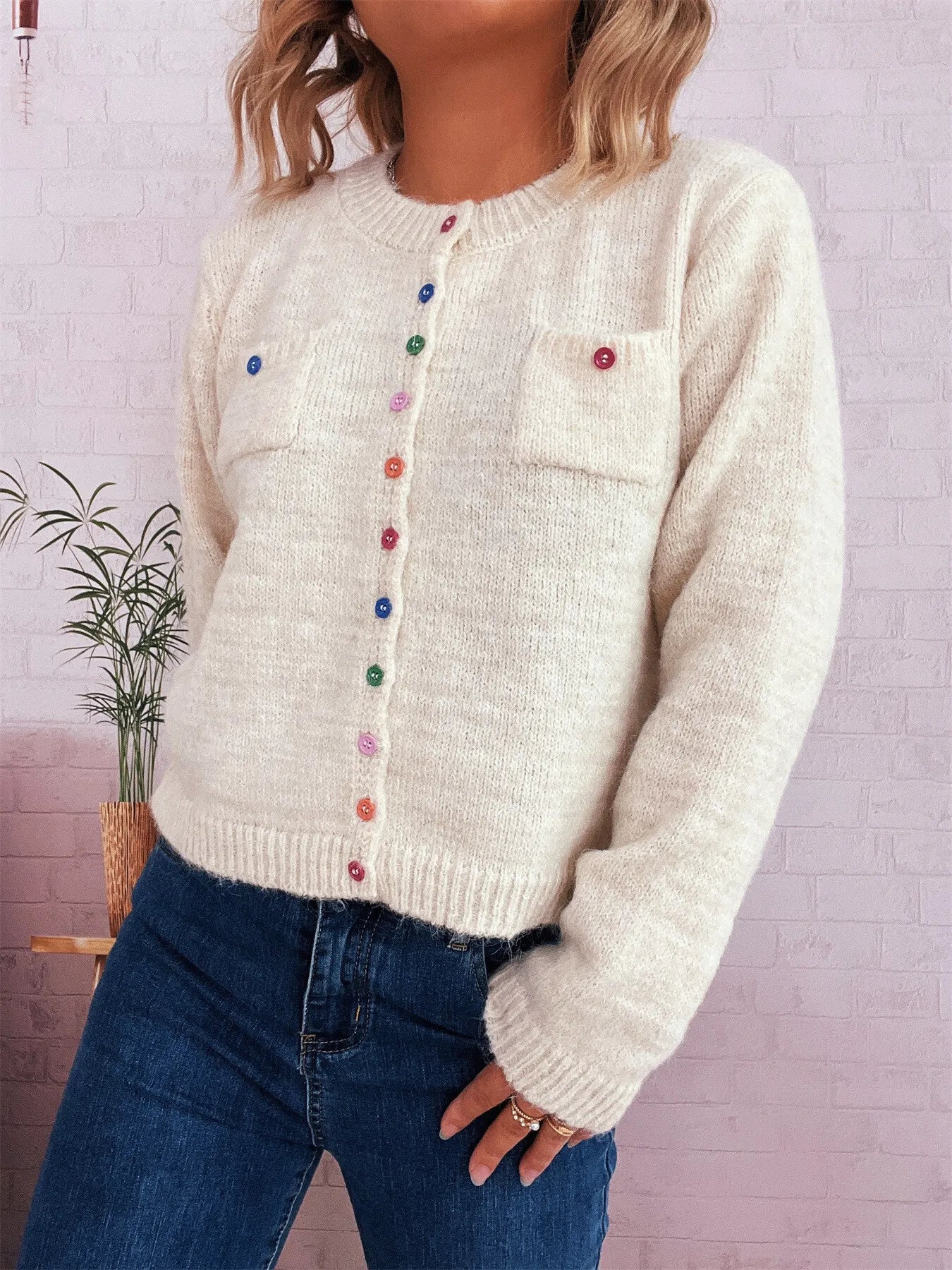 Button-Up Ribbed Hem Cardigan with Chest Pocket