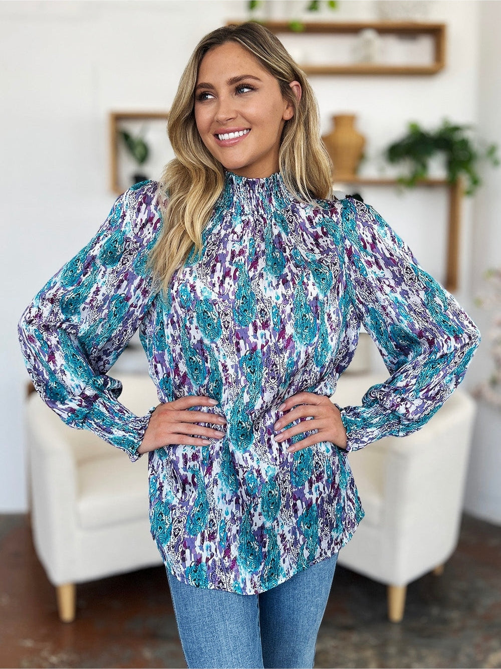 Women Double Take Full Size Printed Smocked Long Sleeve Blouse nicholesgifts