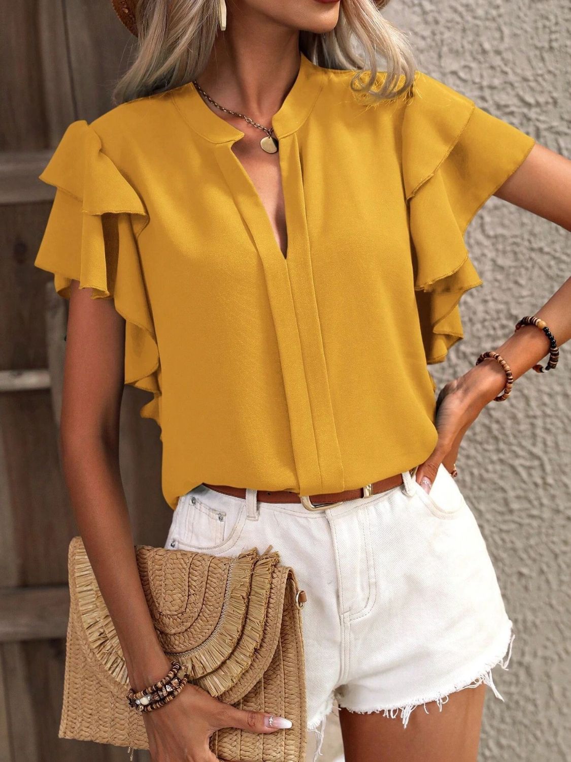 Ruffled Notched Short Sleeve Blouse nicholesgifts