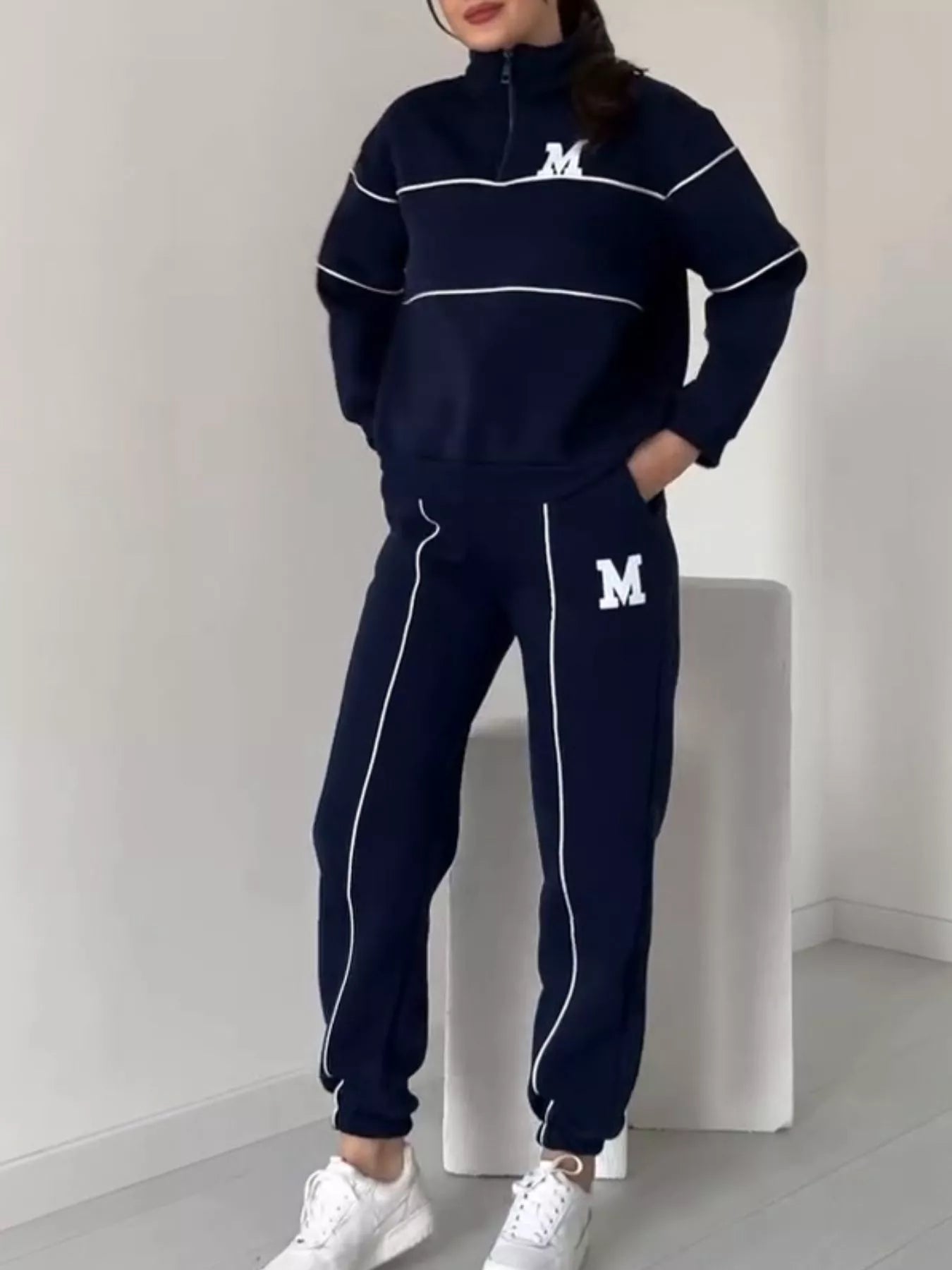 Full Size Striped Quarter Zip Top and Pants Set Plus Size nicholesgifts