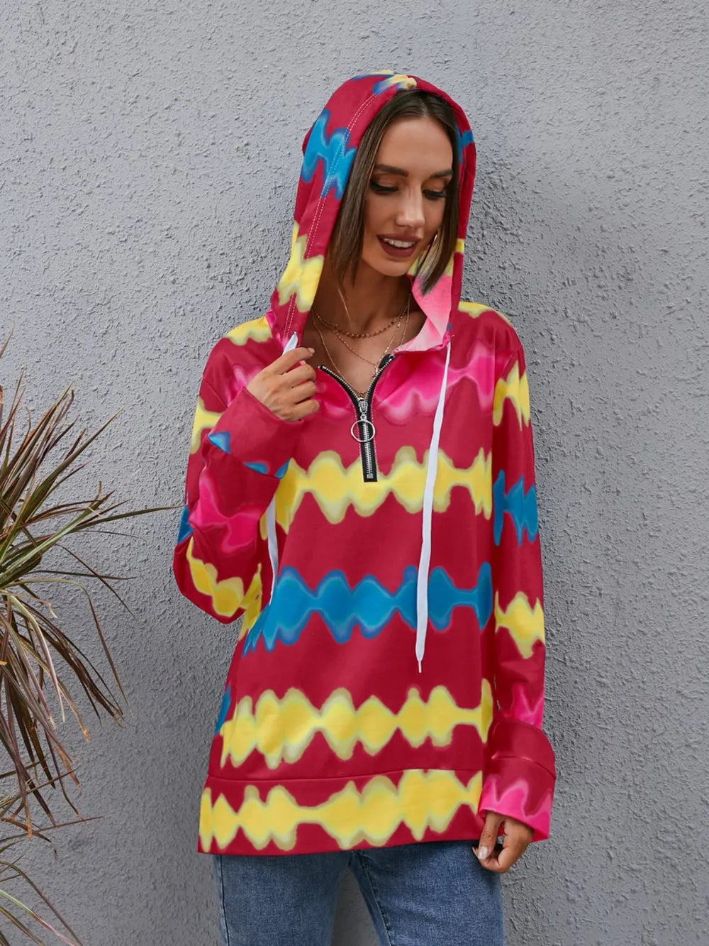 Contrast Quarter Zip Dropped Shoulder Hoodie Trendsi