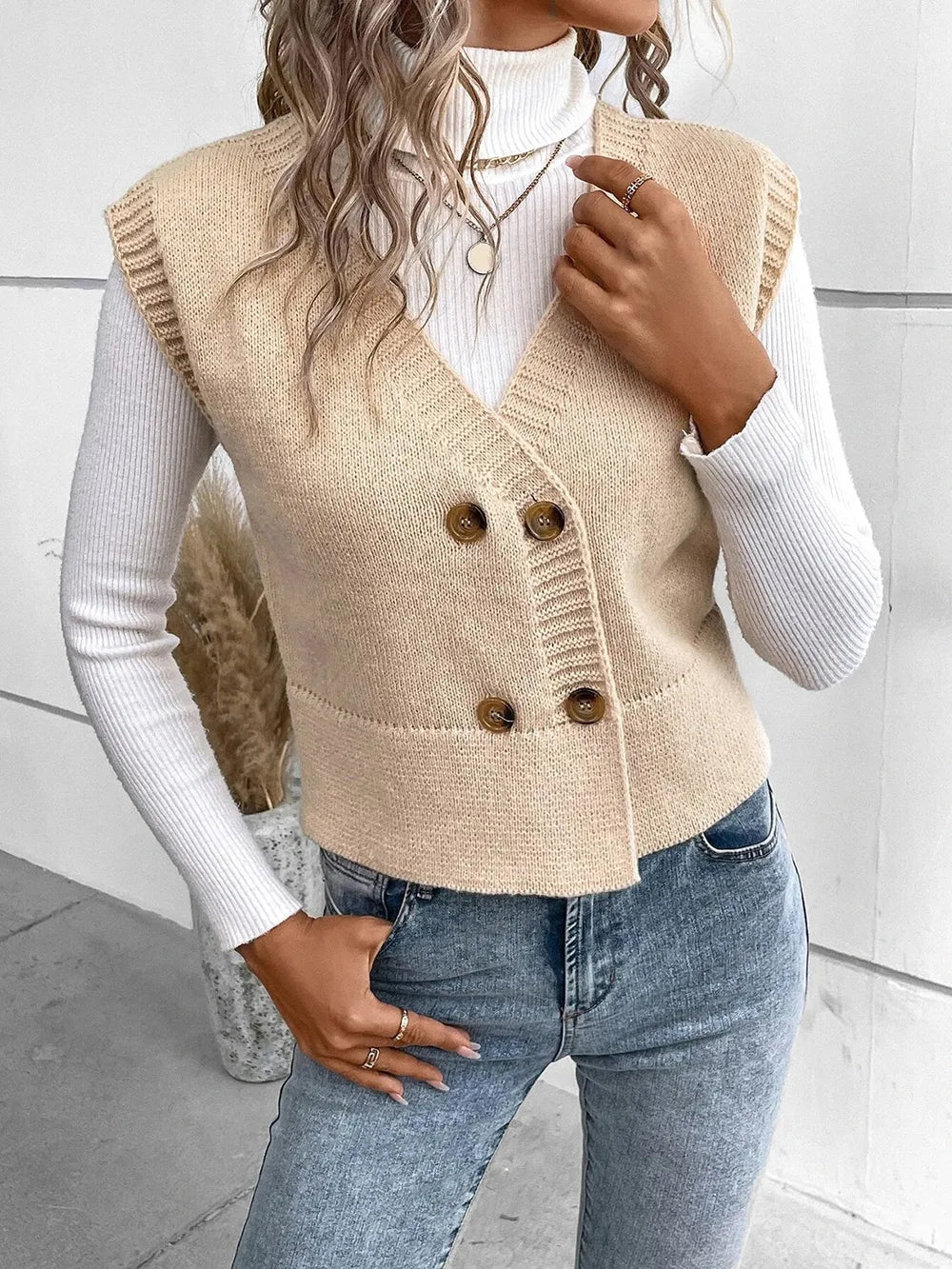 Full Size Button Up V-Neck Sweater Vest nicholesgifts