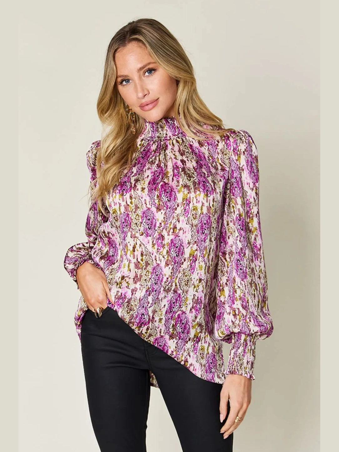 Double Take Full Size Printed Smocked Long Sleeve Blouse nicholesgifts