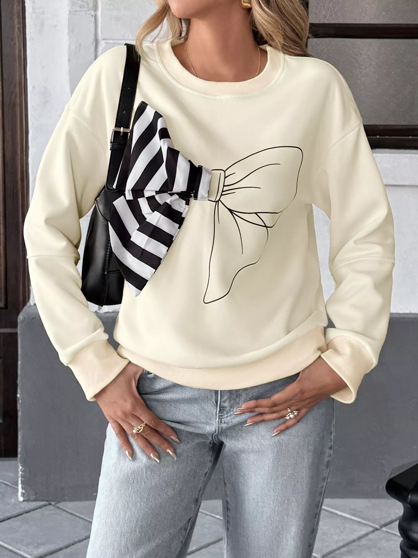 Bow Round Neck Dropped Shoulder Sweatshirt nicholesgifts