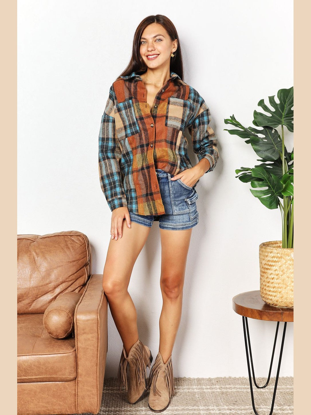 Double Take Plaid Curved Hem Shirt Jacket with Breast Pockets nicholesgifts