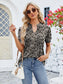 Women Ruched Printed Notched Short Sleeve Blouse nicholesgifts