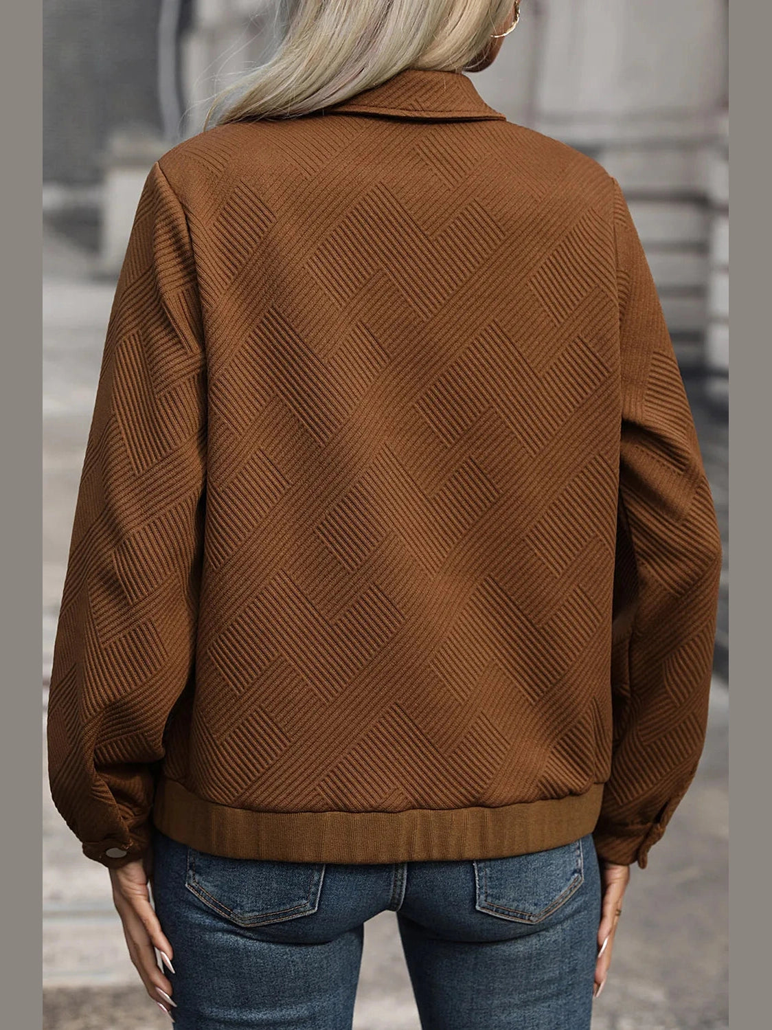 Perfee Textured Zip Up Collared Neck Jacket nicholesgifts