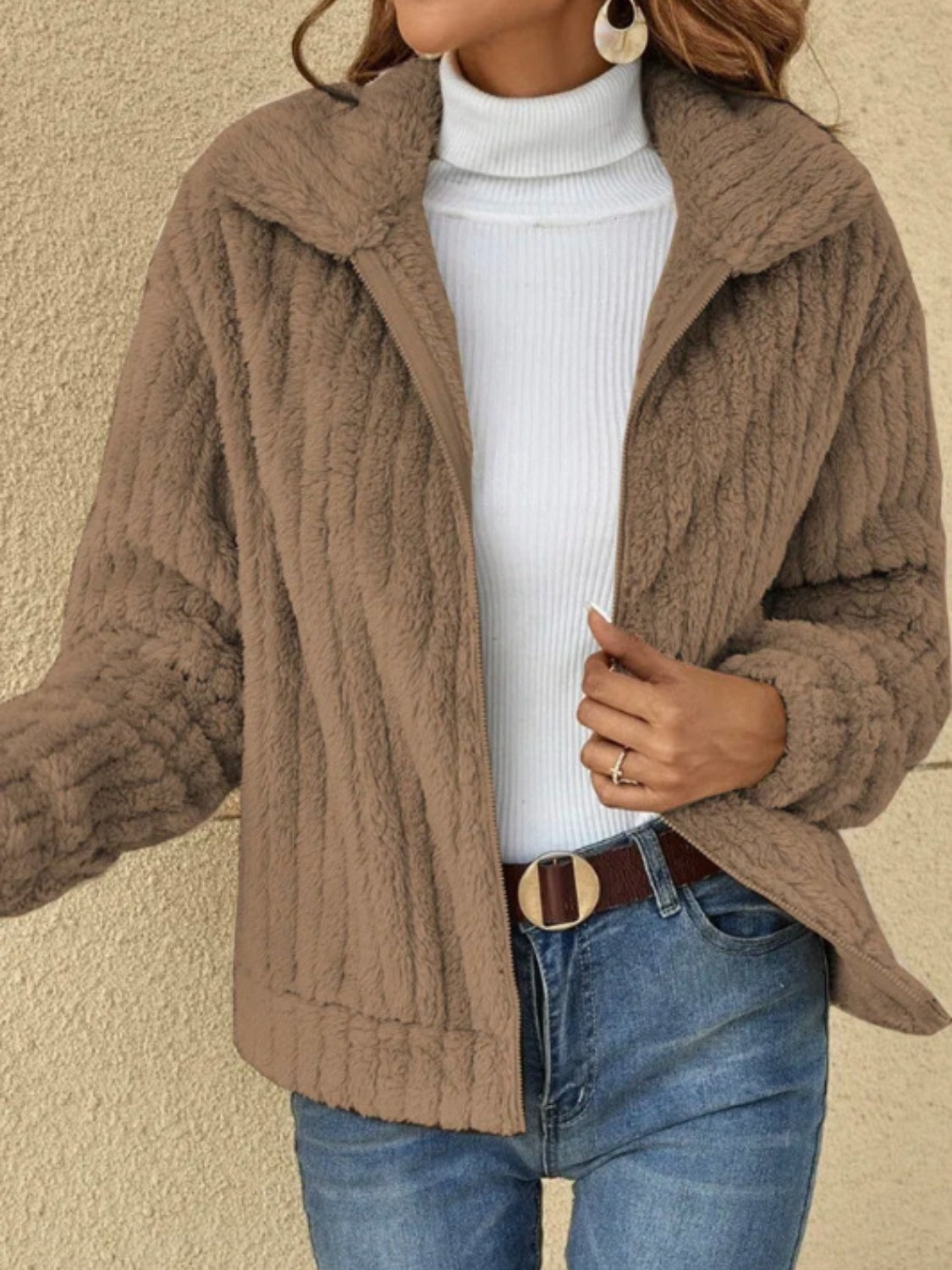 Plush Zip Up Long Sleeve Jacket nicholesgifts