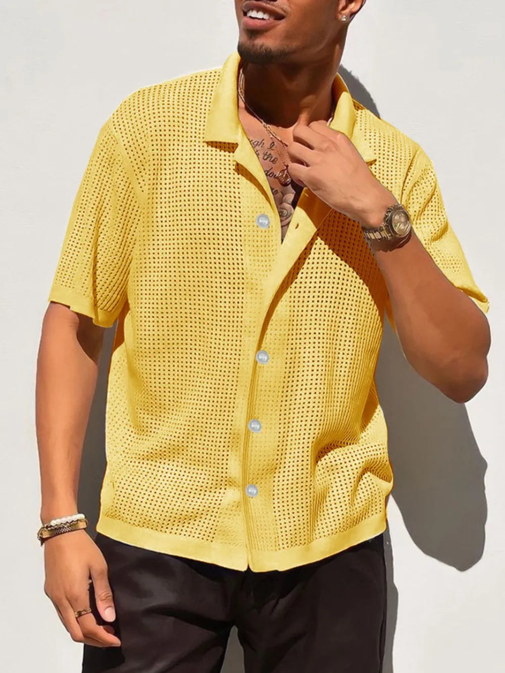 Men's Full Size Openwork Button Down Collared Neck Shirt Plus Size NicholesGifts