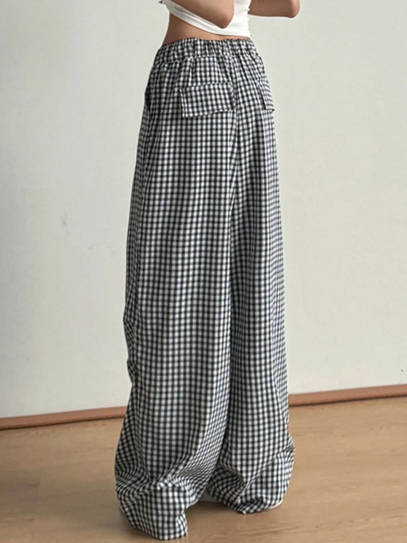 Gingham Check Wide Leg Casual Pants Trendsi