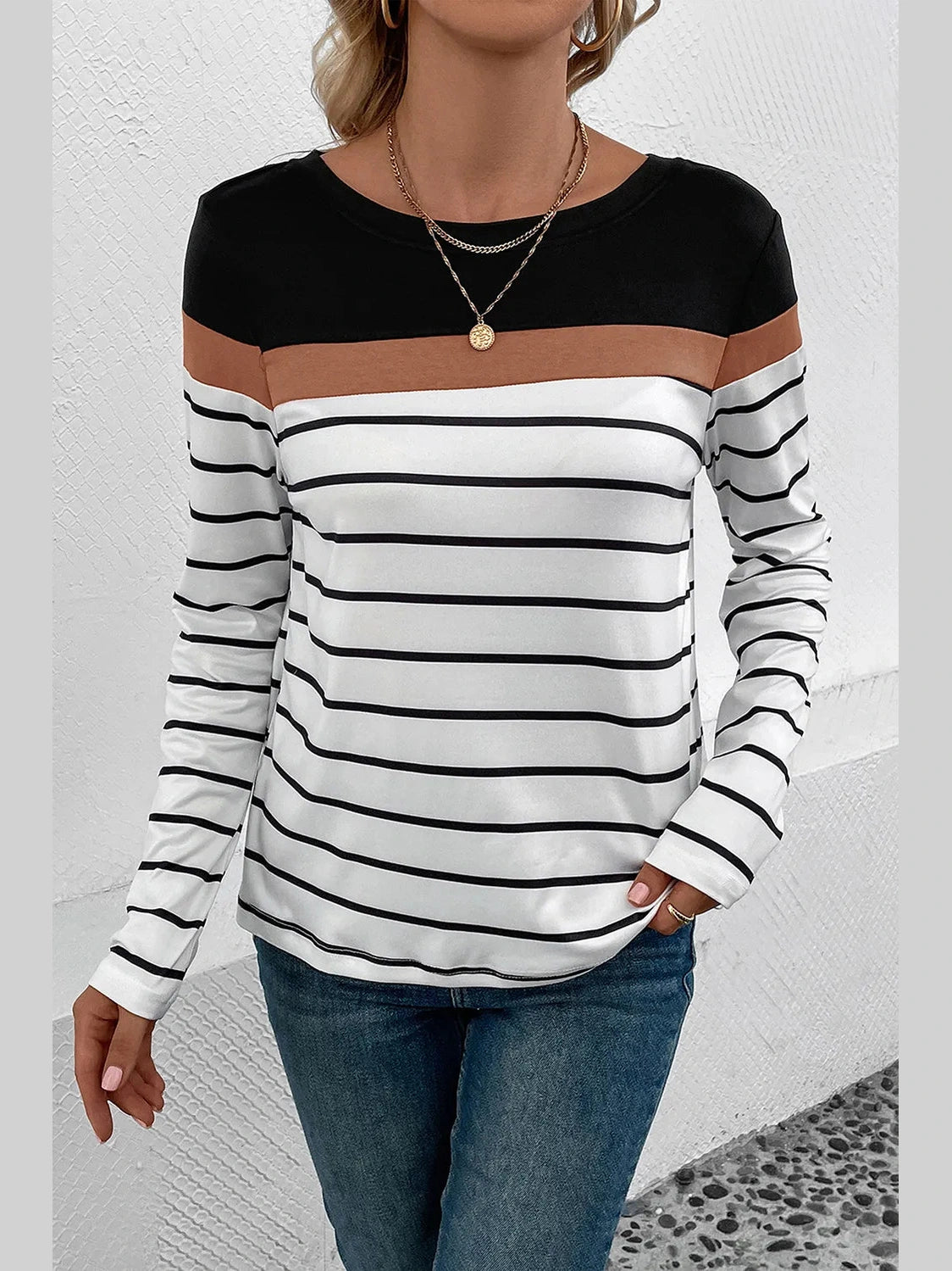 Perfee Striped Round Neck Long Sleeve T-Shirt nicholesgifts