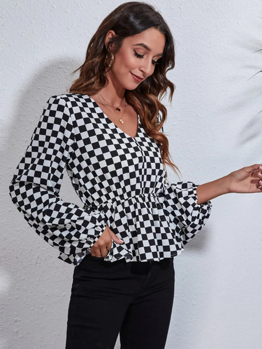 Checkered V-Neck Balloon Sleeve Peplum Blouse nicholesgifts