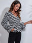 Checkered V-Neck Balloon Sleeve Peplum Blouse nicholesgifts