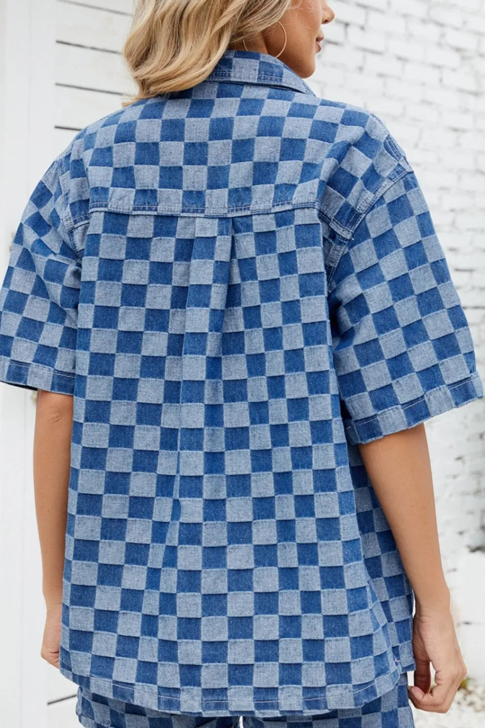 Button Down Checkered Denim Shirt Trendsi