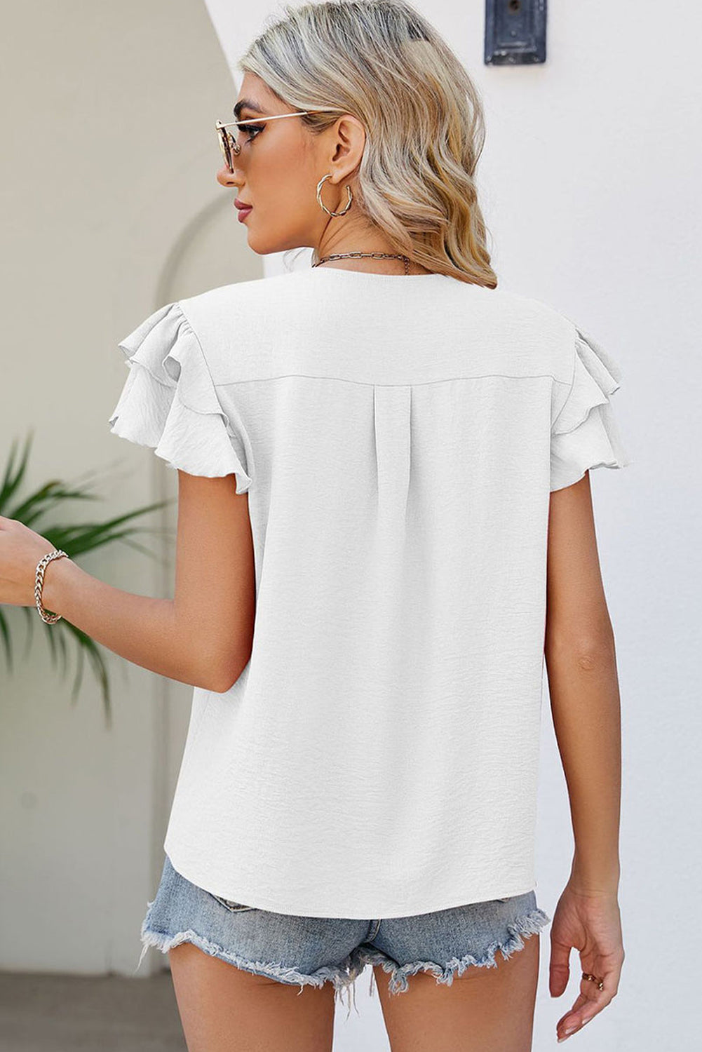 Ruffled V-Neck Short Sleeve Blouse nicholesgifts