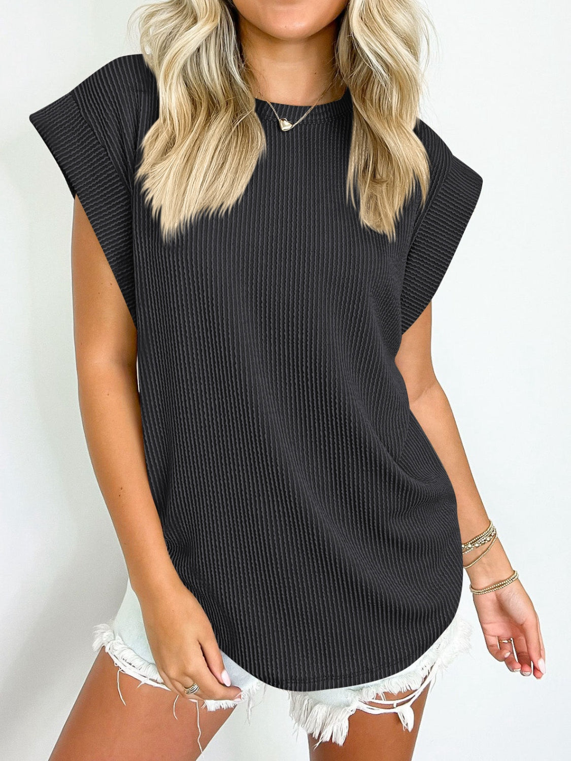 Textured Round Neck Cap Sleeve Blouse nicholesgifts