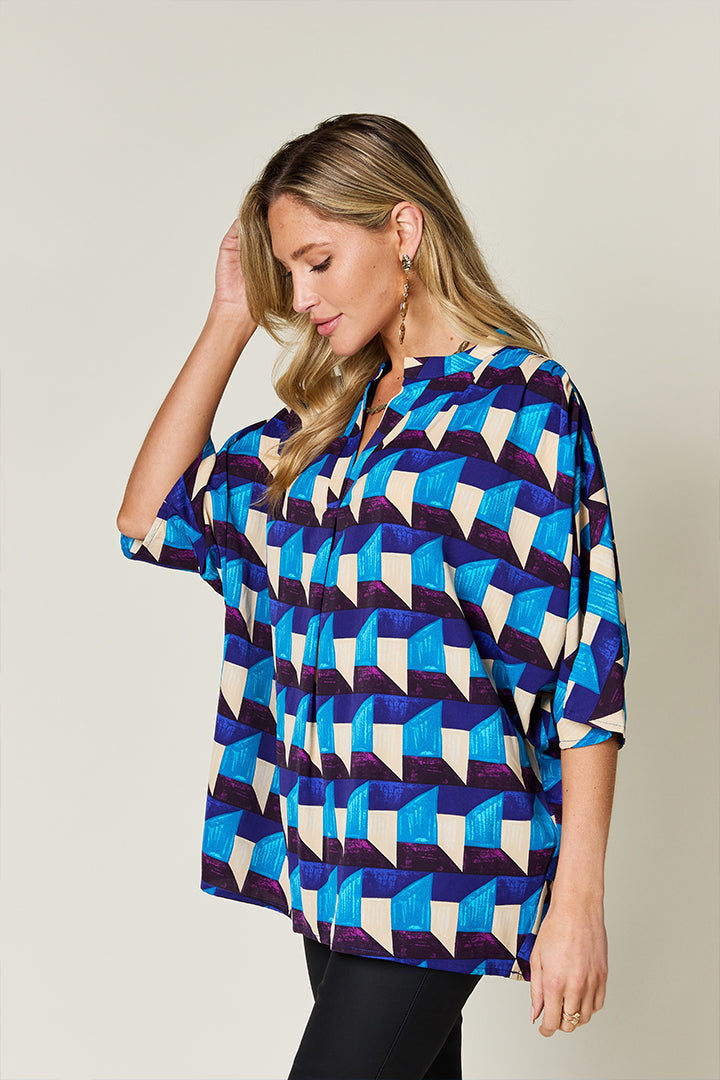 Double Take Full Size Geometric Notched Half Sleeve Blouse nicholesgifts