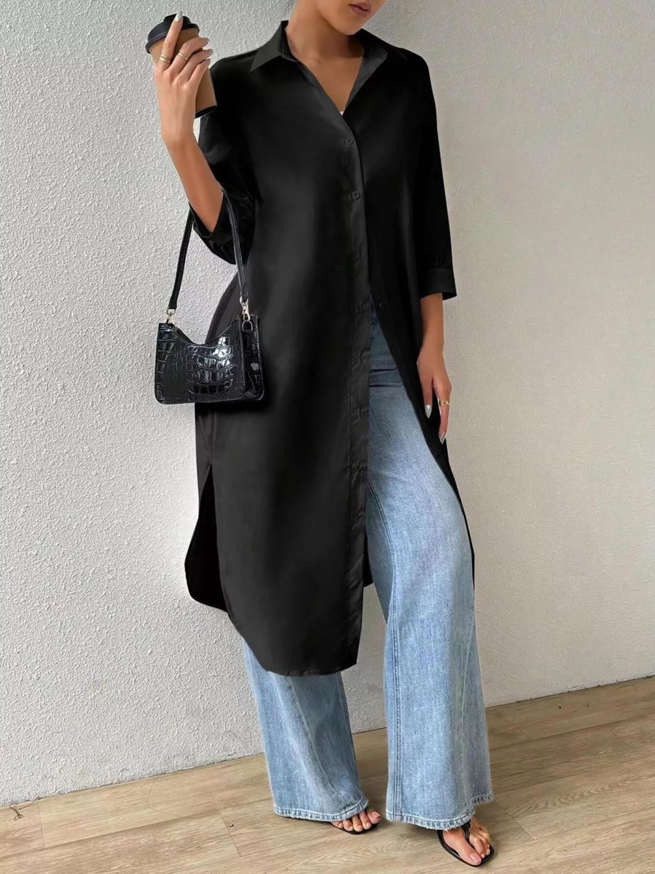 Button-Up Long Sleeve Longline Shirt