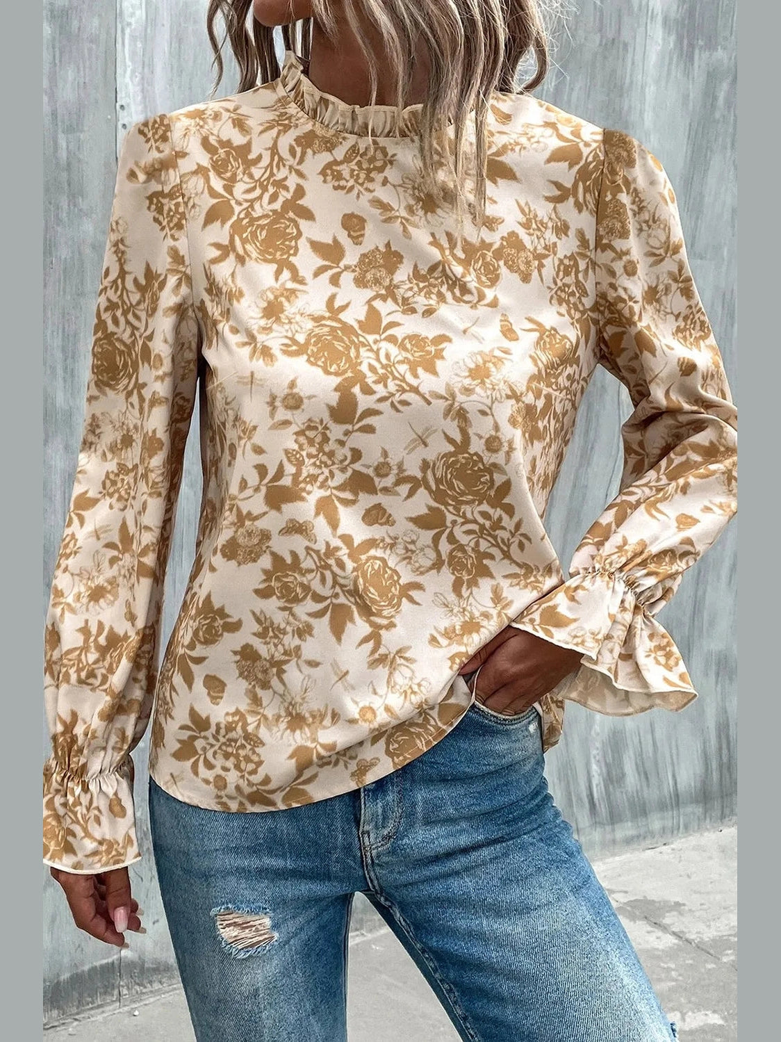 Floral Print Mock Neck Flounce Sleeve Blouse