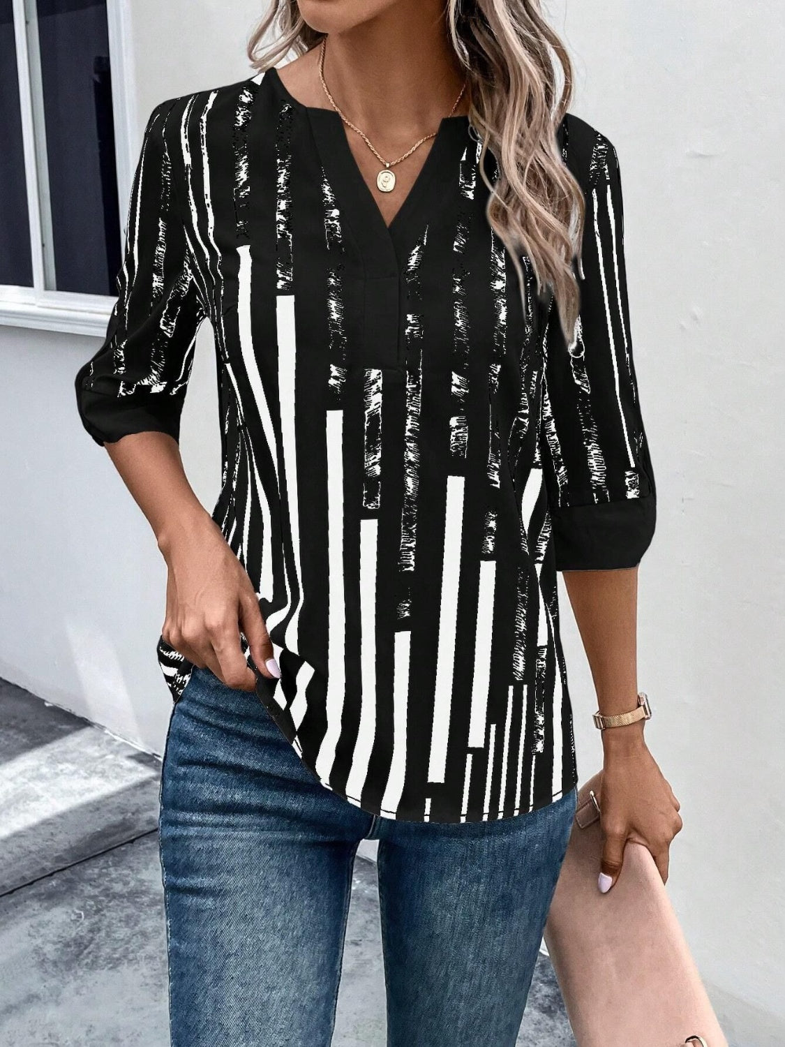 Striped Notched Half Sleeve Blouse nicholesgifts