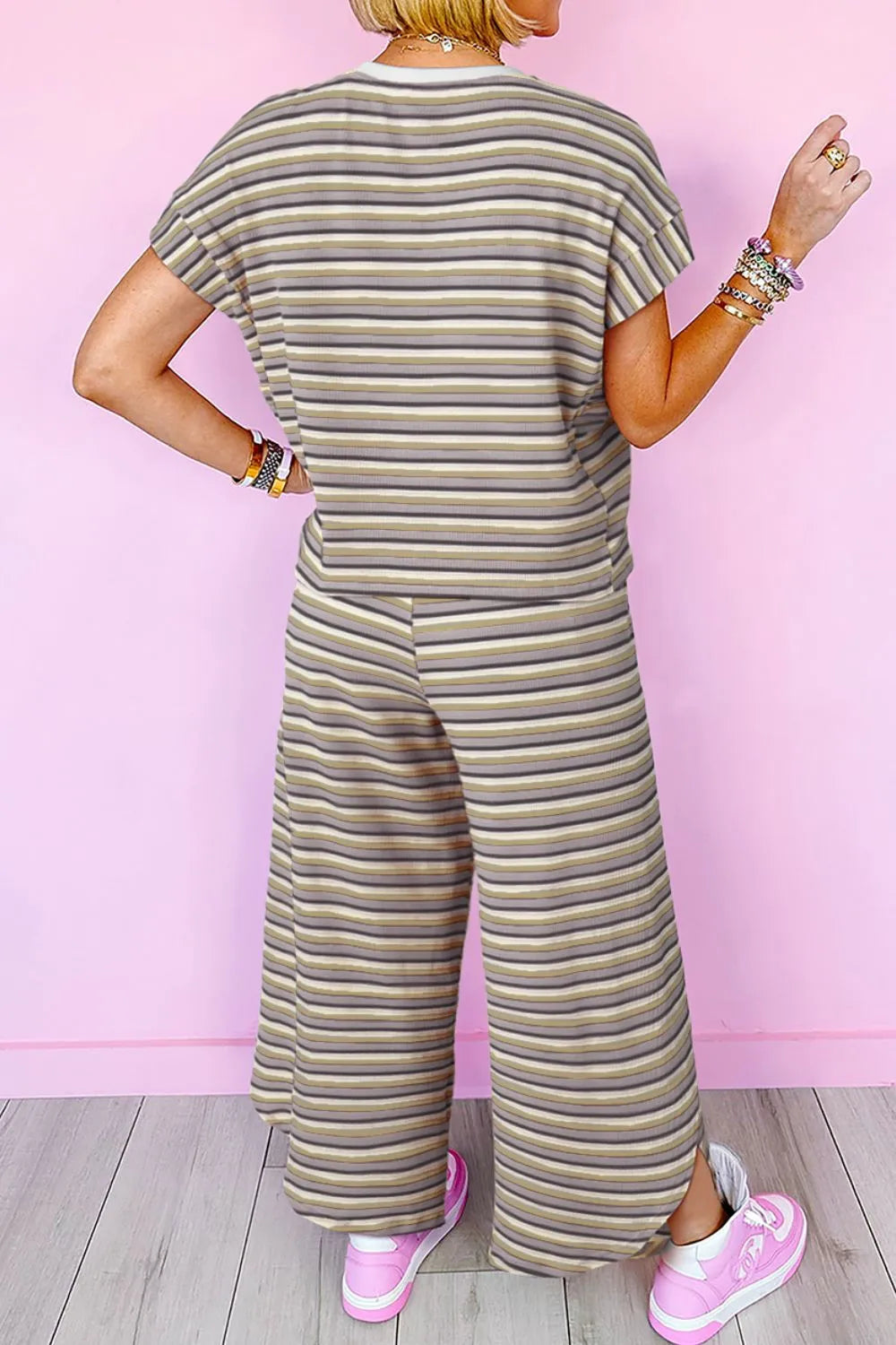 Striped Round Neck Short Sleeve Top and Pants Set NicholesGifts