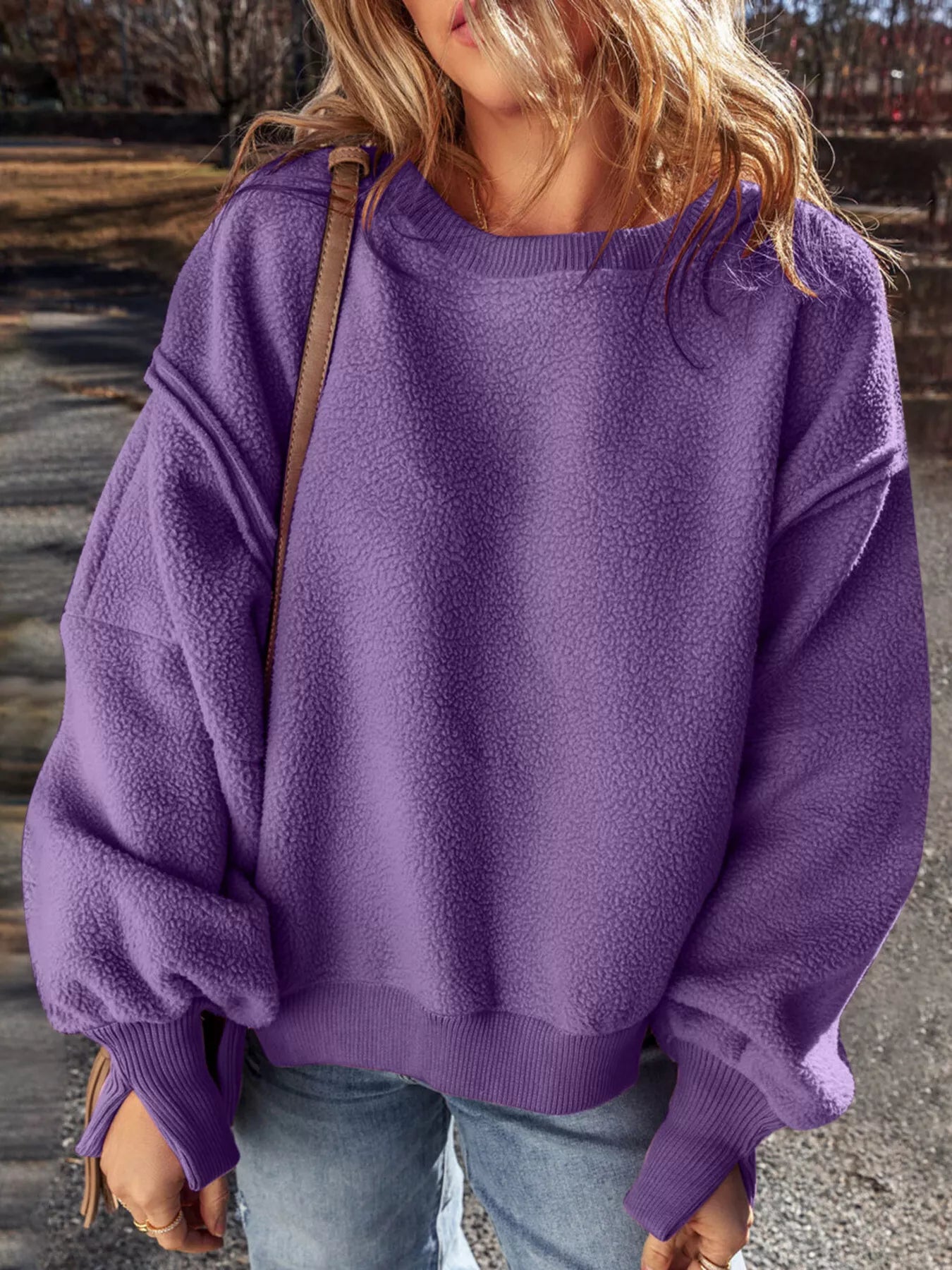 Round Neck Dropped Shoulder Sweatshirt Trendsi