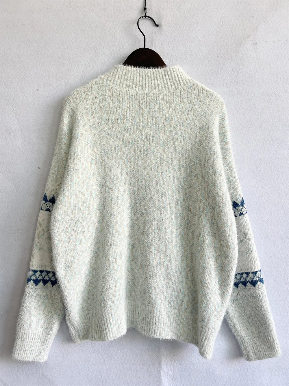Geometric Mock Neck Dropped Shoulder Sweater Trendsi