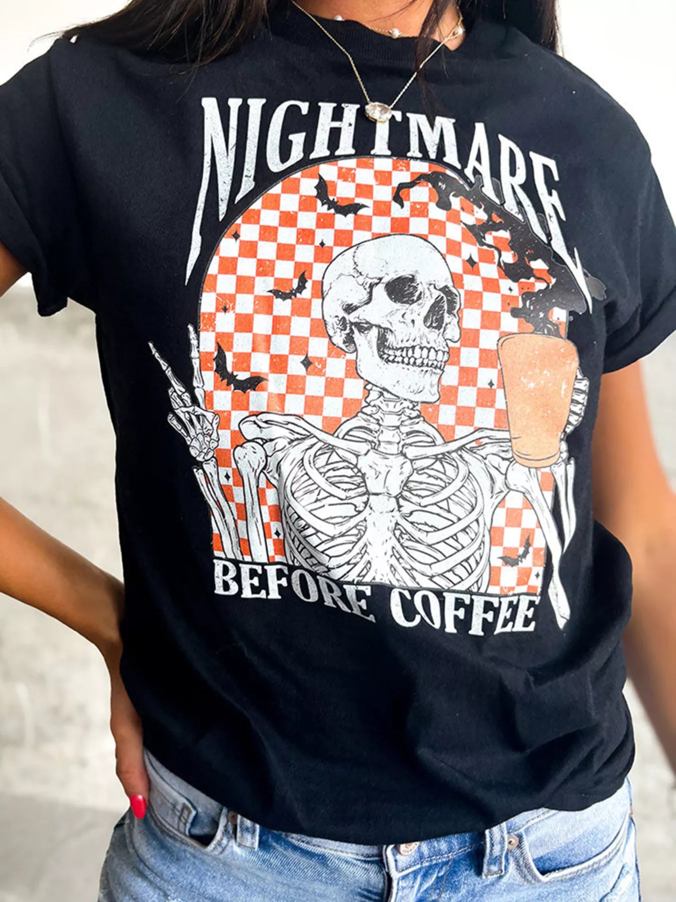 Halloween Skull Checkerboard Graphic Round Neck Tee