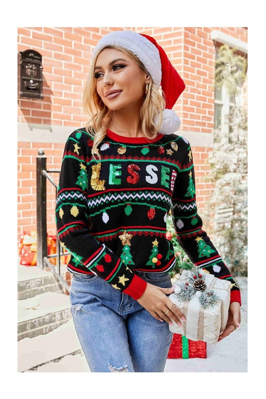 Christmas Print Sequin Round Neck Sweater NicholesGifts