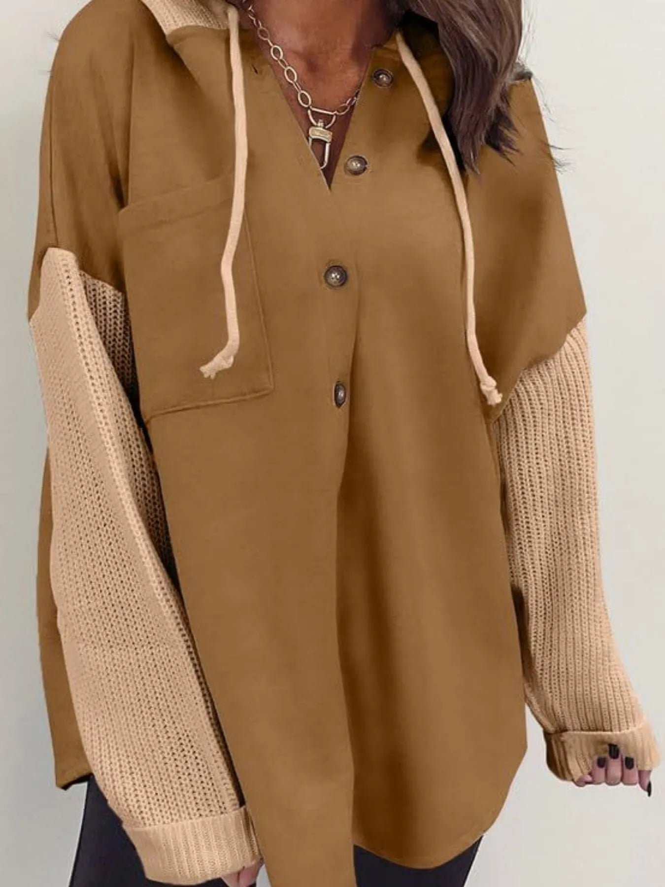 Drawstring Button Front Hoodie Trendsi