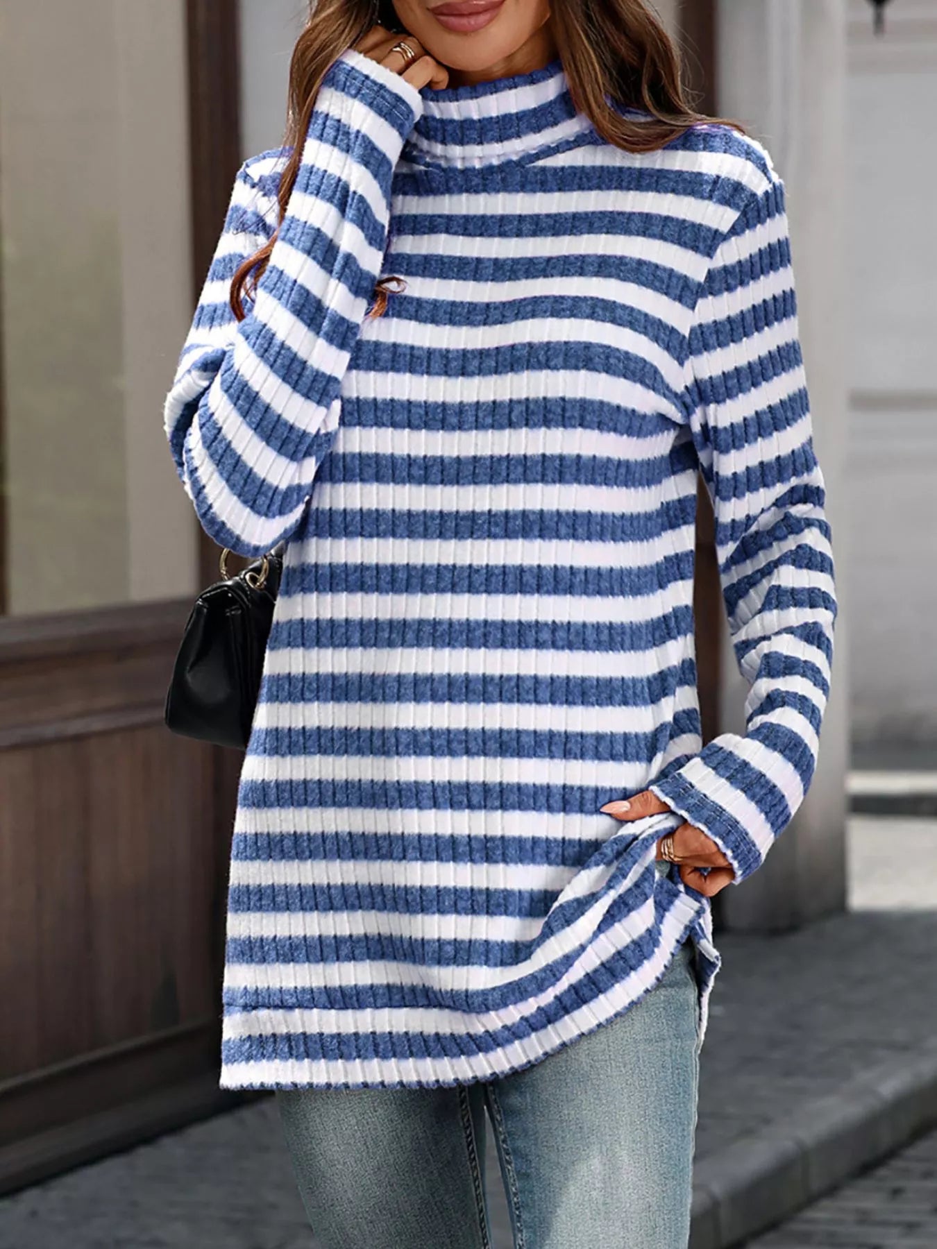 Striped Turtleneck Long Sleeve Knit Top Trendsi