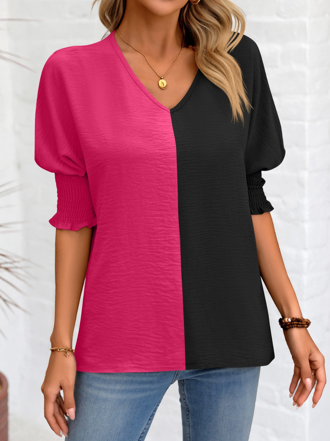 Women Contrast V-Neck Lantern Sleeve Blouse nicholesgifts