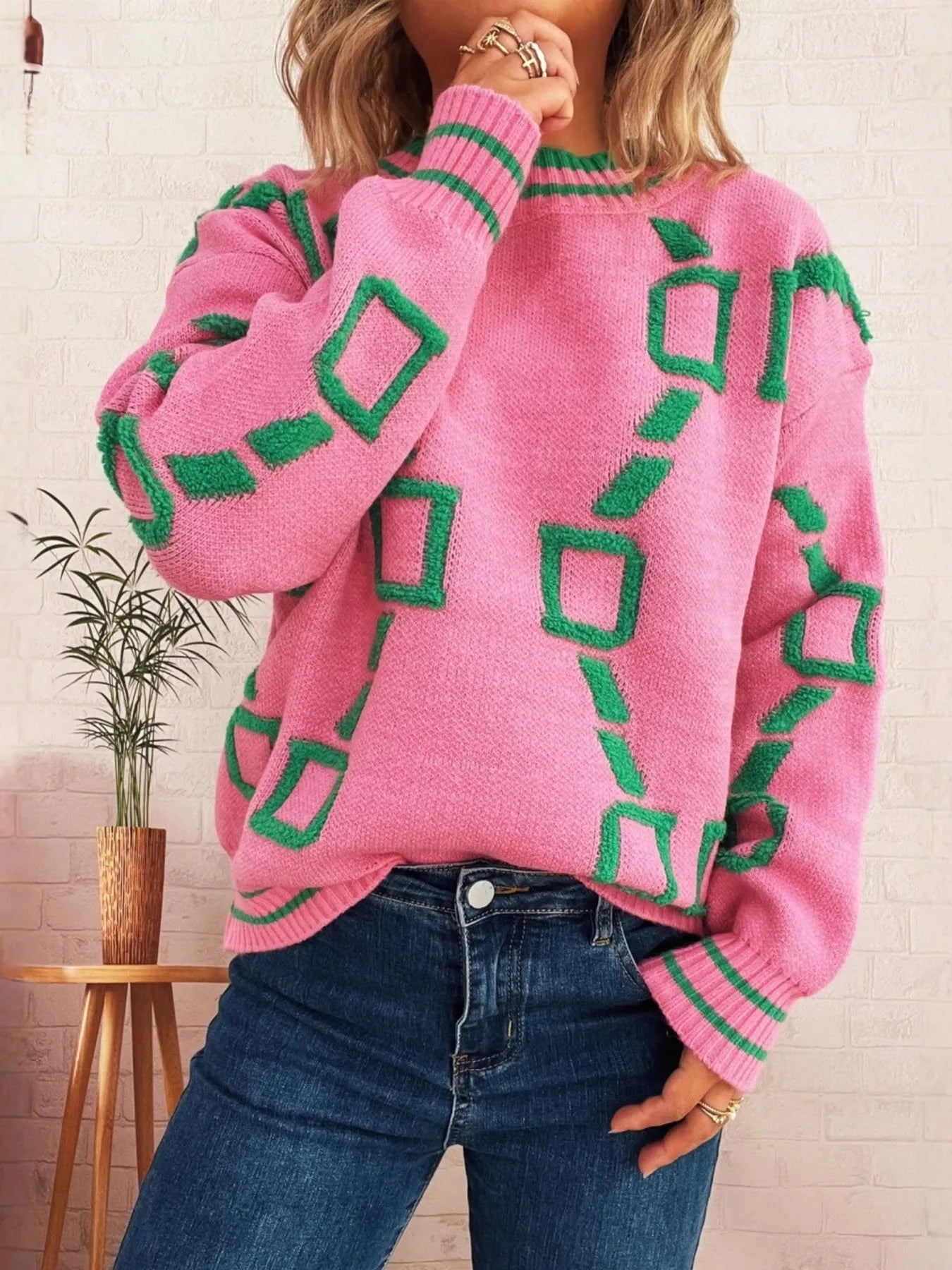 Contrast Round Neck Long Sleeve Sweater