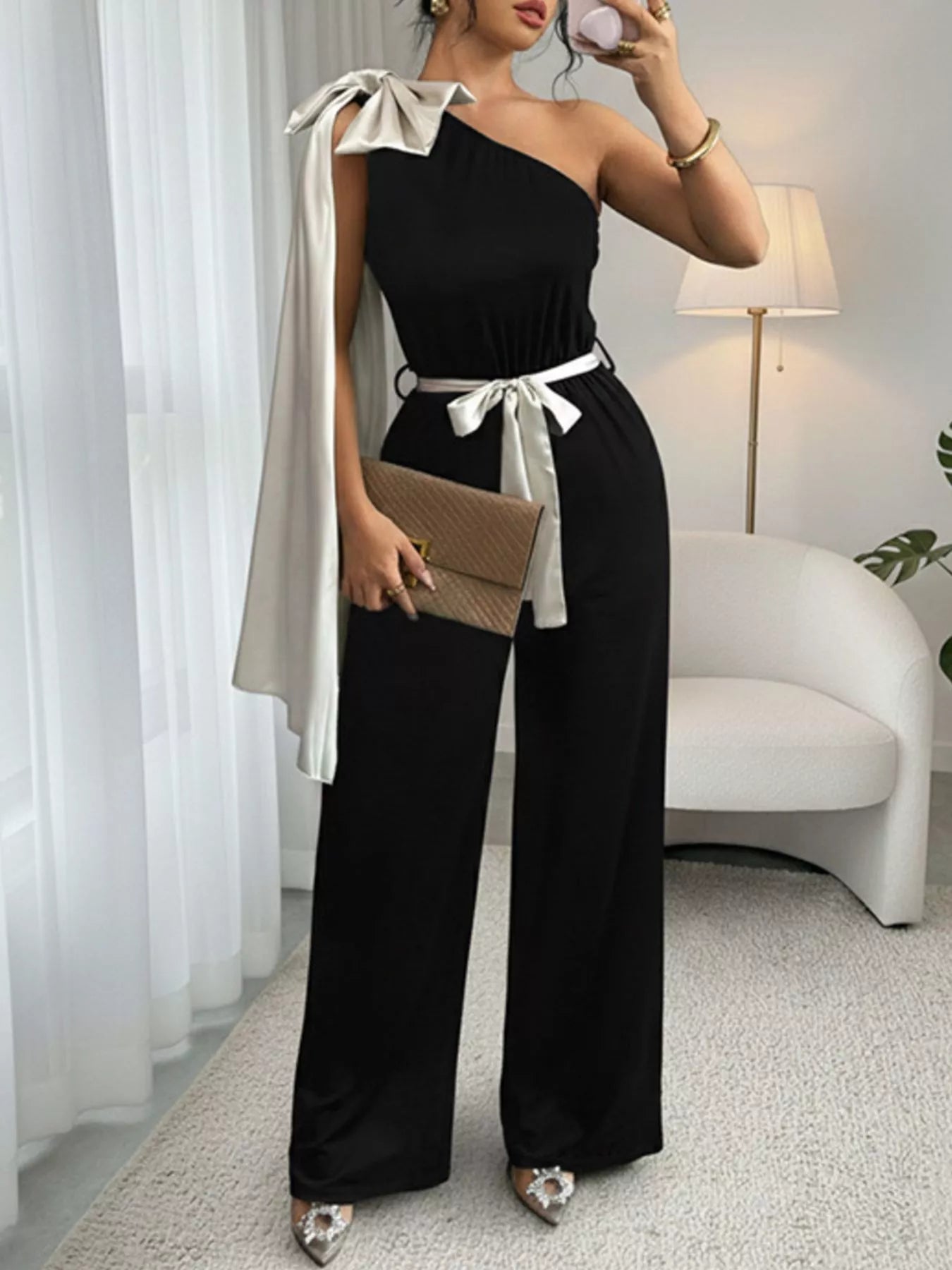 One-Shoulder Bowknot Wide Leg Jumpsuit nicholesgifts