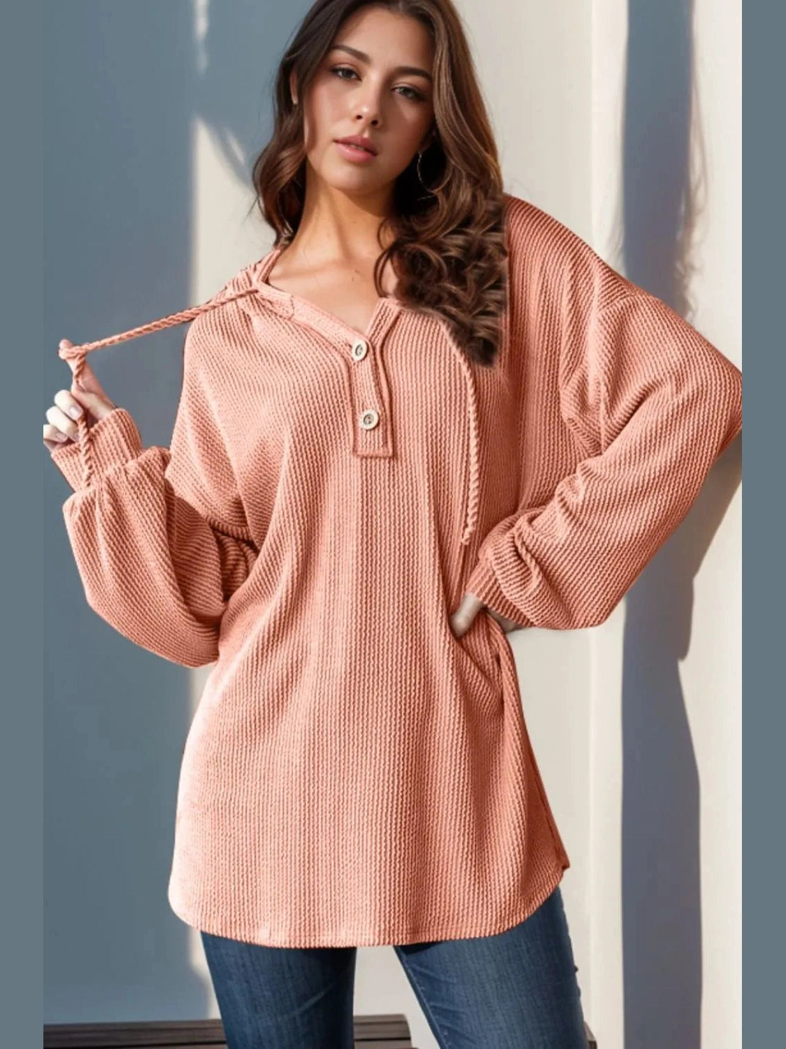 Double Take Full Size Half Button Long Sleeve Hoodie Trendsi