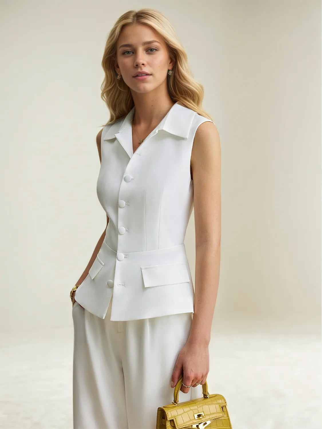 Button Up Vest and Pants Suit Set Trendsi