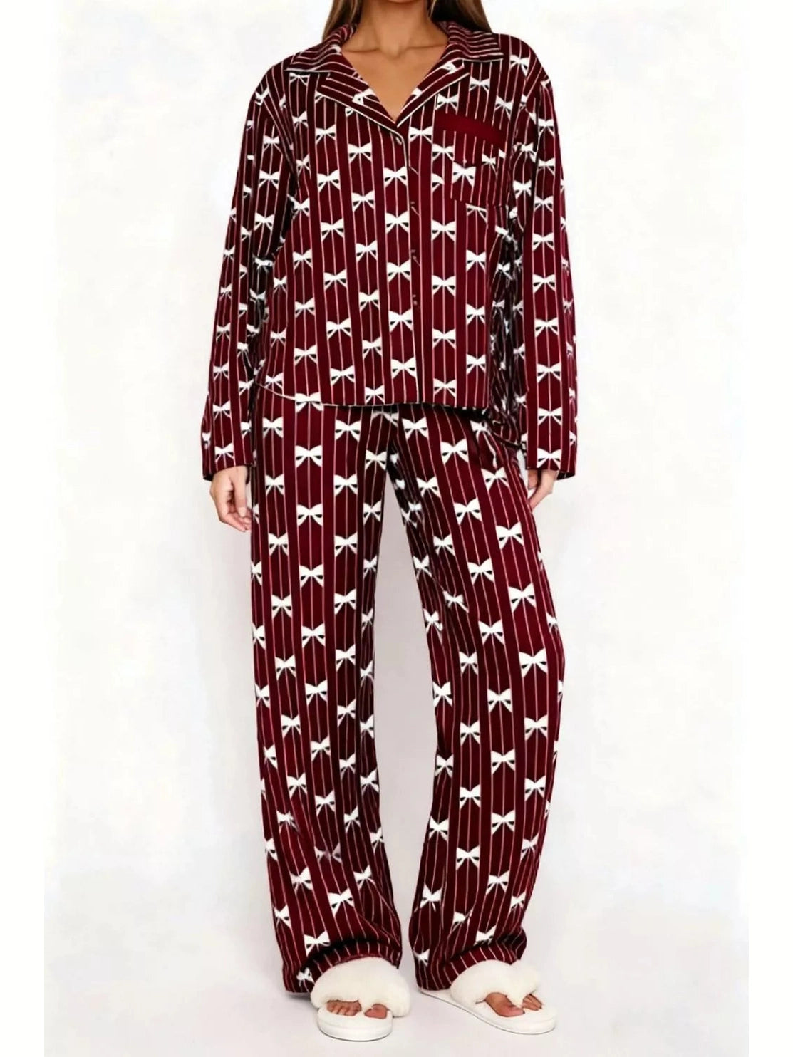 Bow Print Top and Wide Leg Pants Lounge Set nicholesgifts