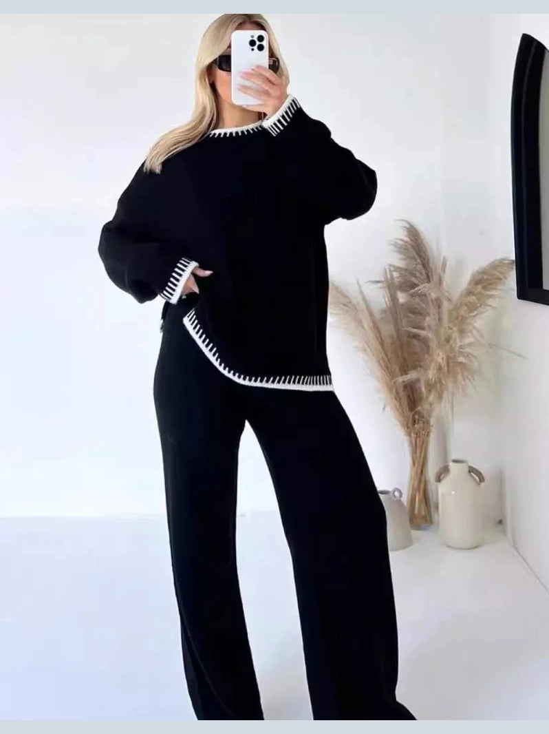 Contrast Trim Round Neck Top and Pants Sweater Set nicholesgifts