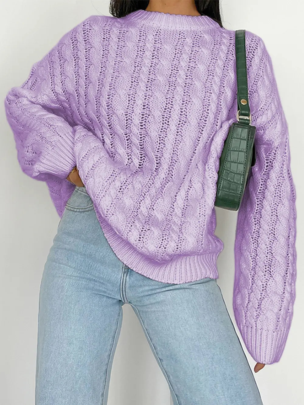 Openwork Round Sleeve Cable-Knit Sweater Trendsi
