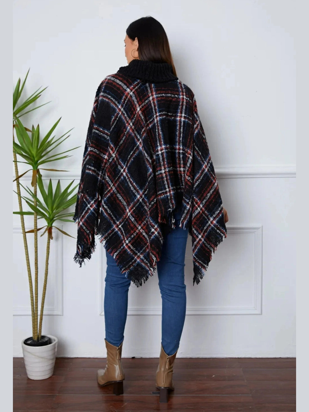 Shiny Turtleneck Plaid Raw Hem Sweater Trendsi