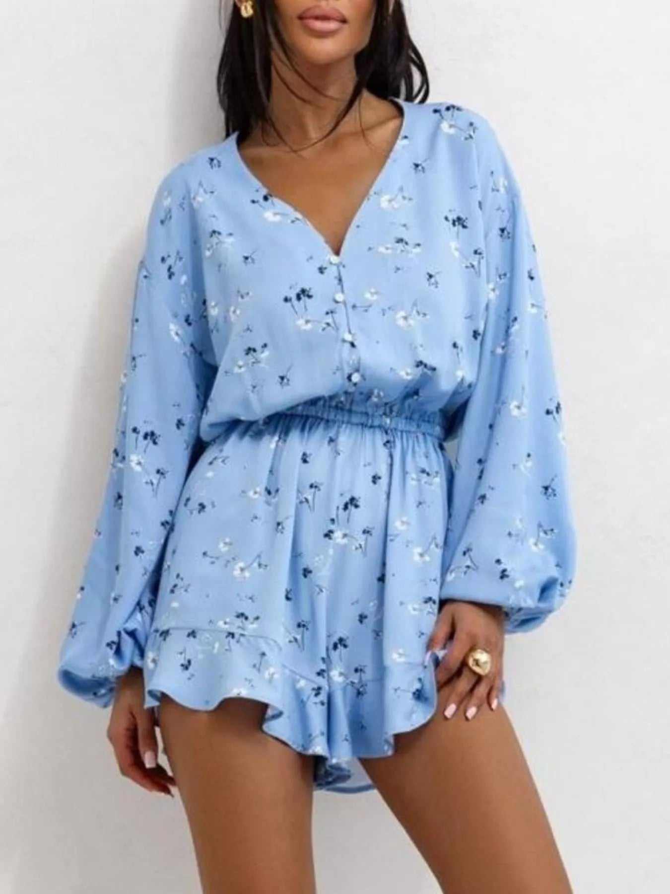 Floral V-Neck Long Sleeve Romper with Elastic Waist nicholesgifts
