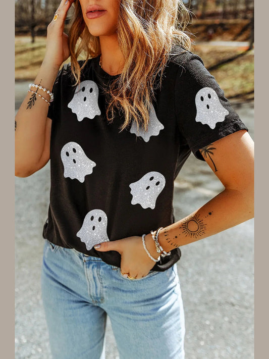 Glitter Ghost Round Neck Short Sleeve T-Shirt nicholesgifts