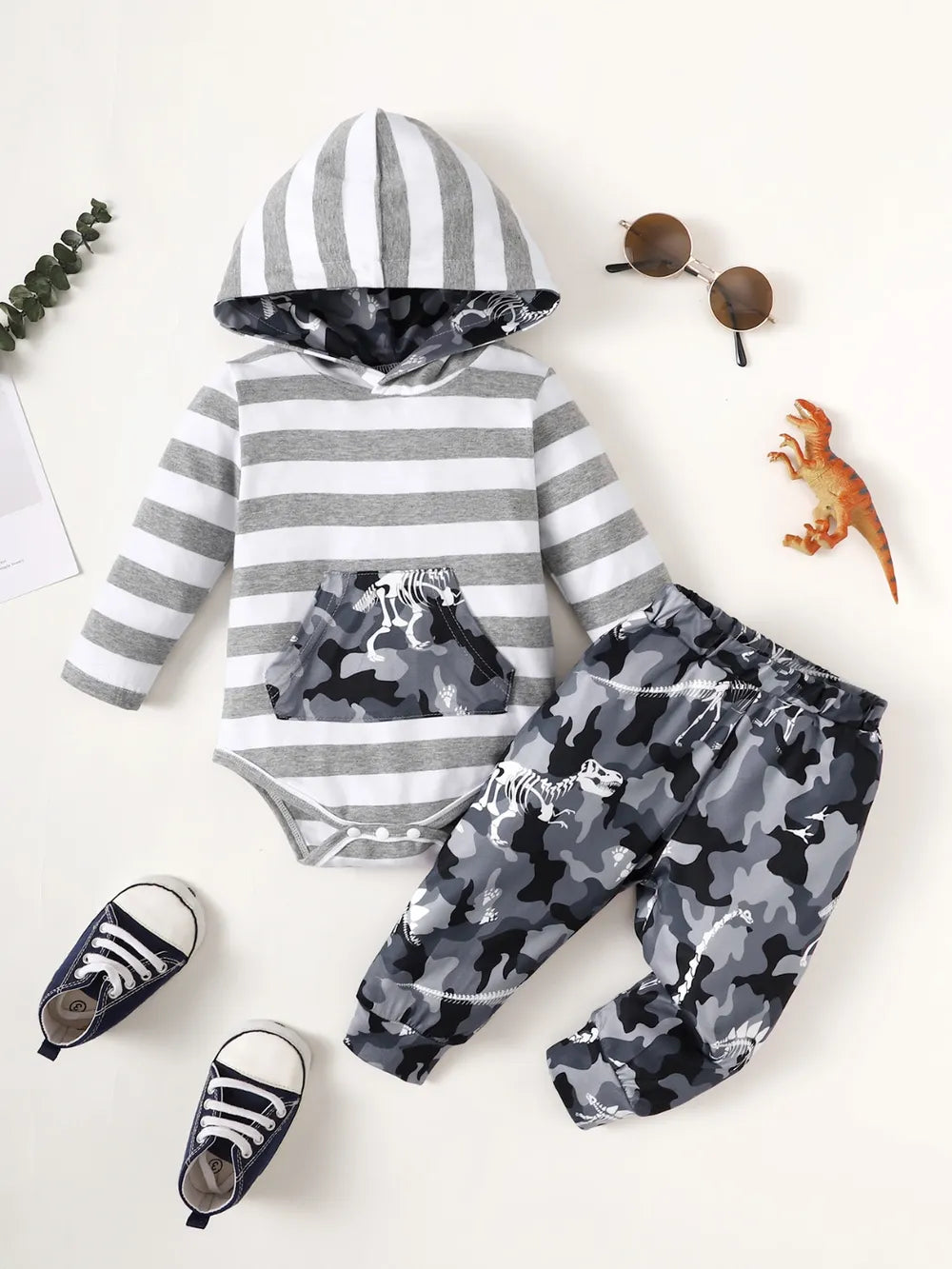 Children's Striped Hooded Bodysuit and Camouflage Pants Set Trendsi