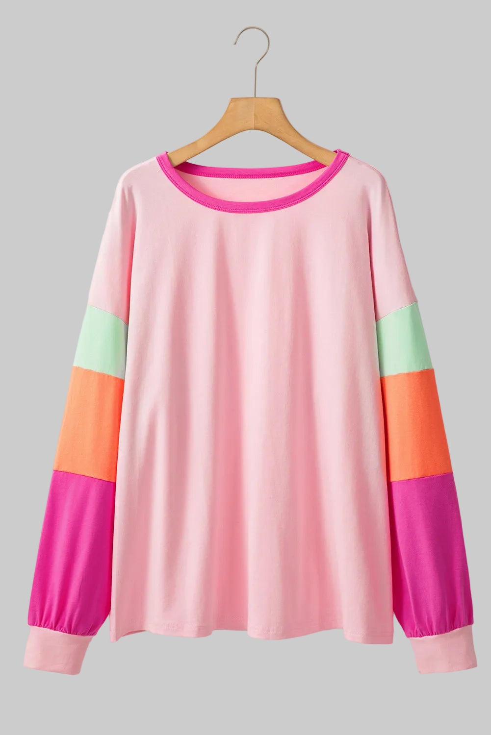 Plus Size Women Pink Colorblock Patchwork Long Sleeve Top