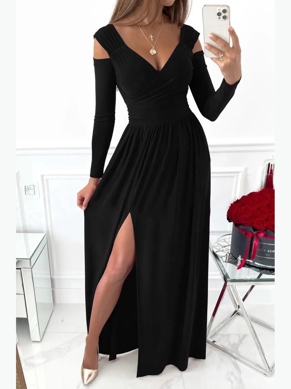 Slit Surplice Long Sleeve Maxi Dress nicholesgifts