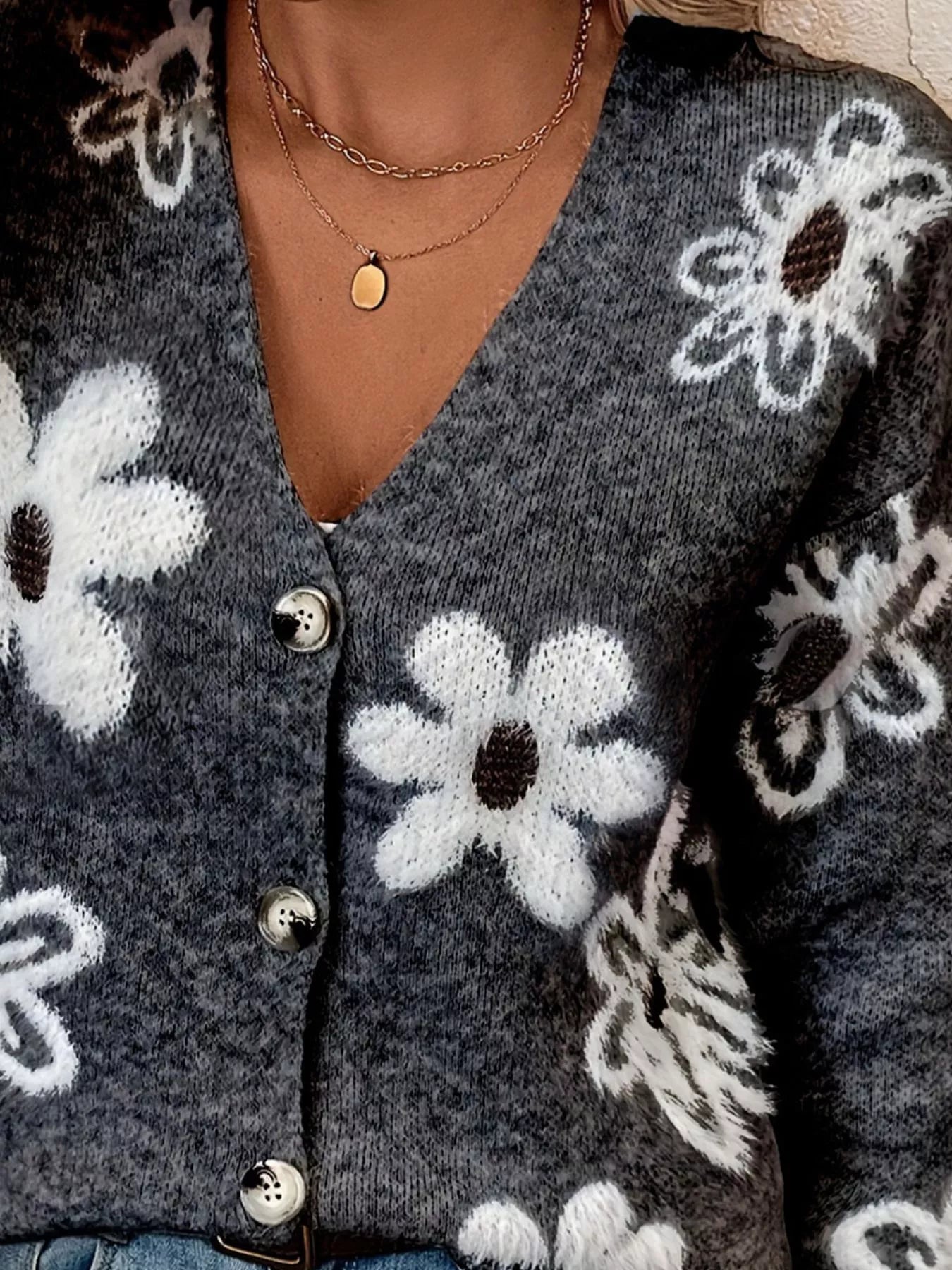 Floral Print Button-Up Knit Cardigan nicholesgifts