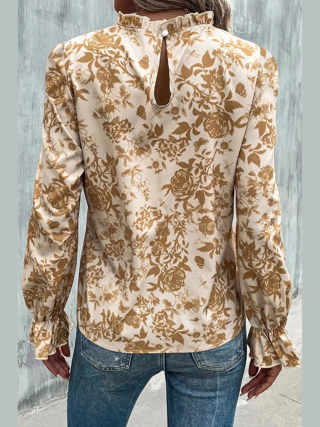 Floral Print Mock Neck Flounce Sleeve Blouse